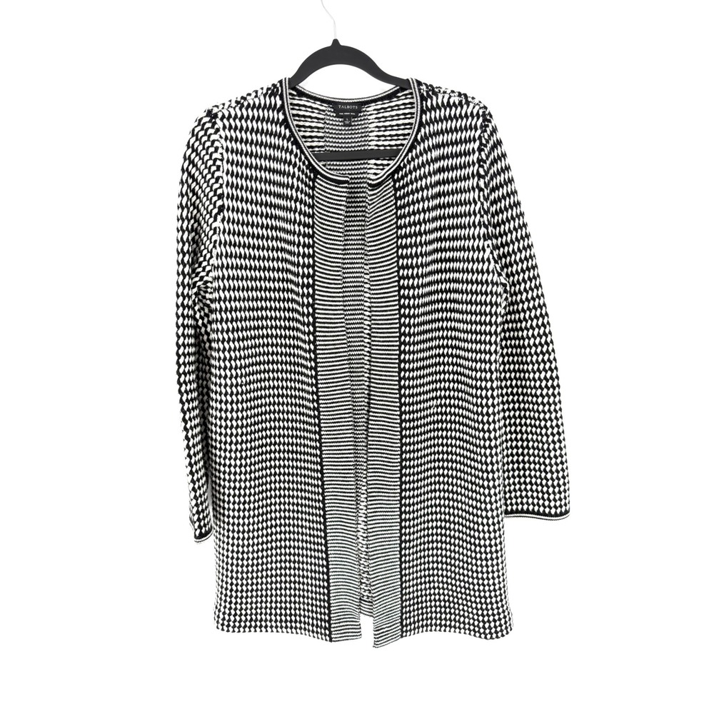 Talbots Women Large Black‎ White Merino Wool Geometric Diamond Cardigan Sweater